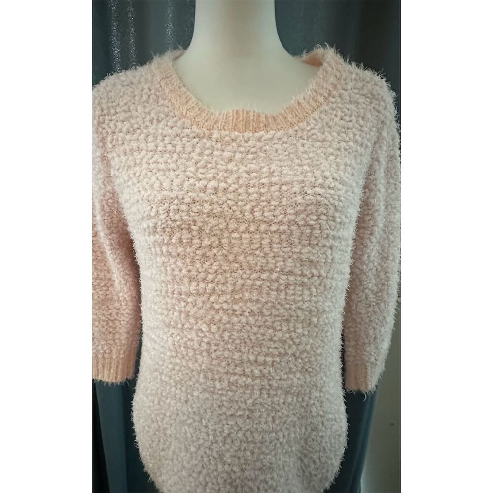 Hannah Women's Pink Eyelash Sweater M 3/4 Sleeve Round Neck Pullover
